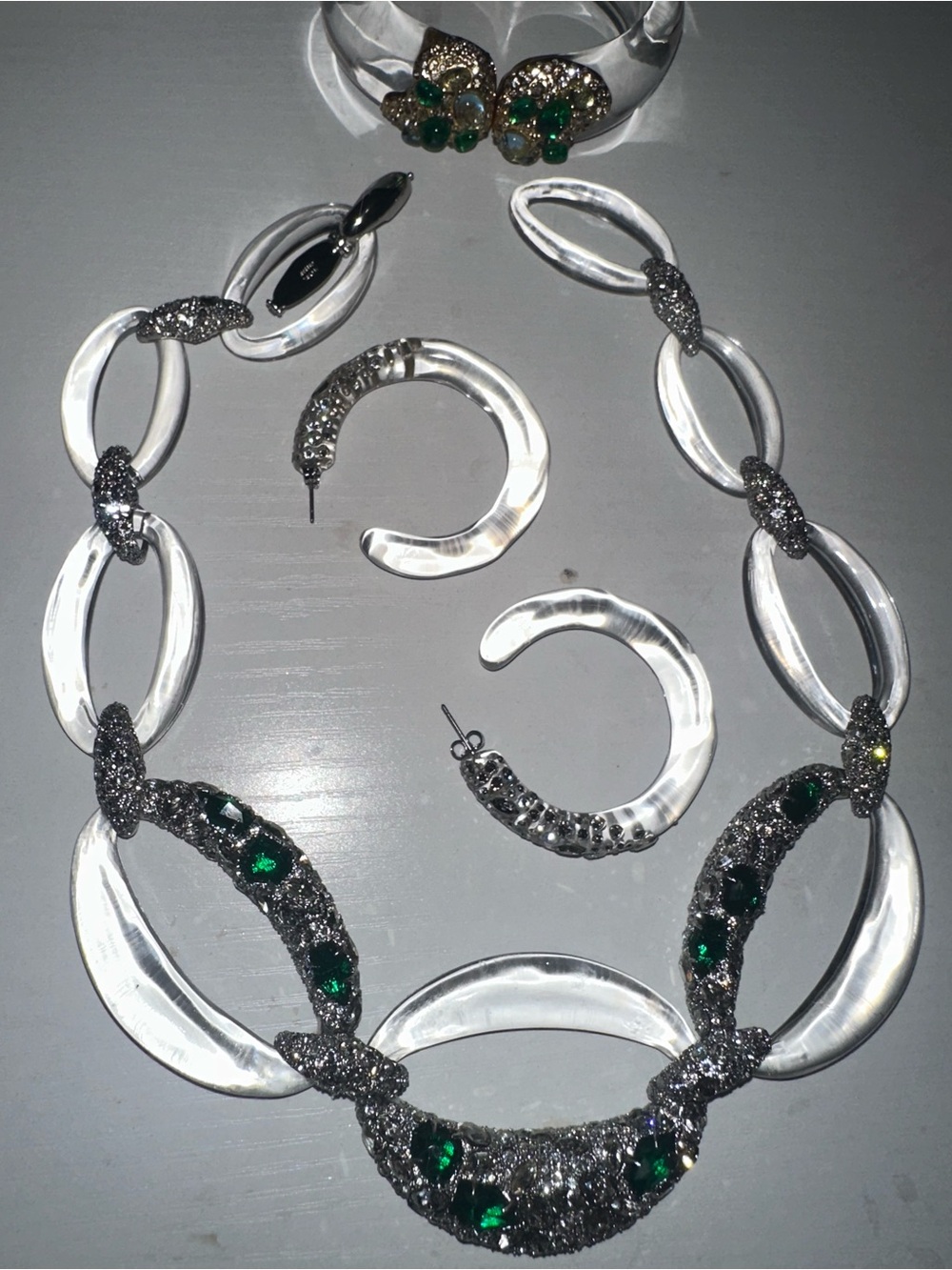 Elegant Green Crystal and Silver Statement Necklace & Hoop Earrings Set